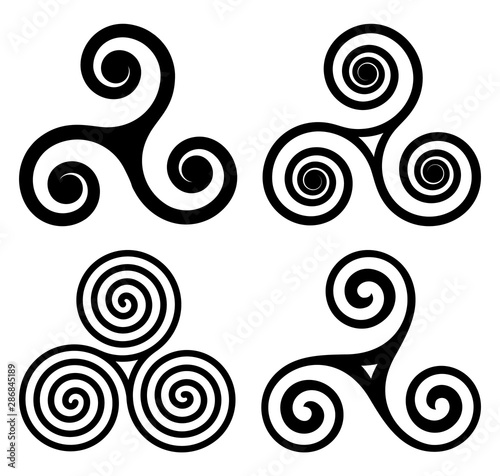 Black Irish, breton and scottish traditonal symbols, celtic triskels vector set. Triple spirals isolated on white background