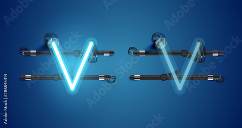 Realistic glowing blue neon charcter on and off