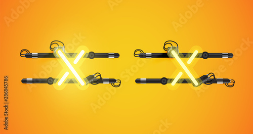 Realistic glowing yellow neon charcter on and off