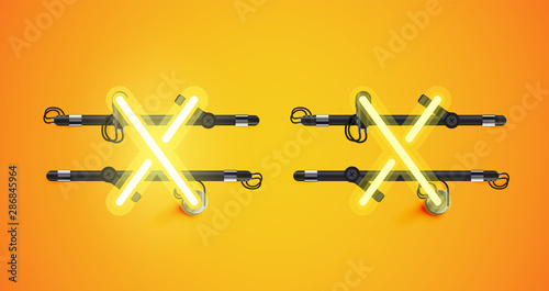 Realistic glowing yellow neon charcter on and off