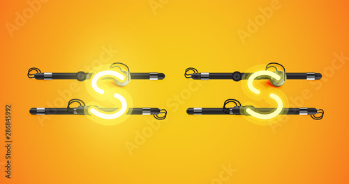 Realistic glowing yellow neon charcter on and off
