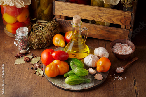 Basic ingredients for cooking homemade pickled tomato and cucumber