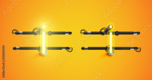 Realistic glowing yellow neon charcter on and off