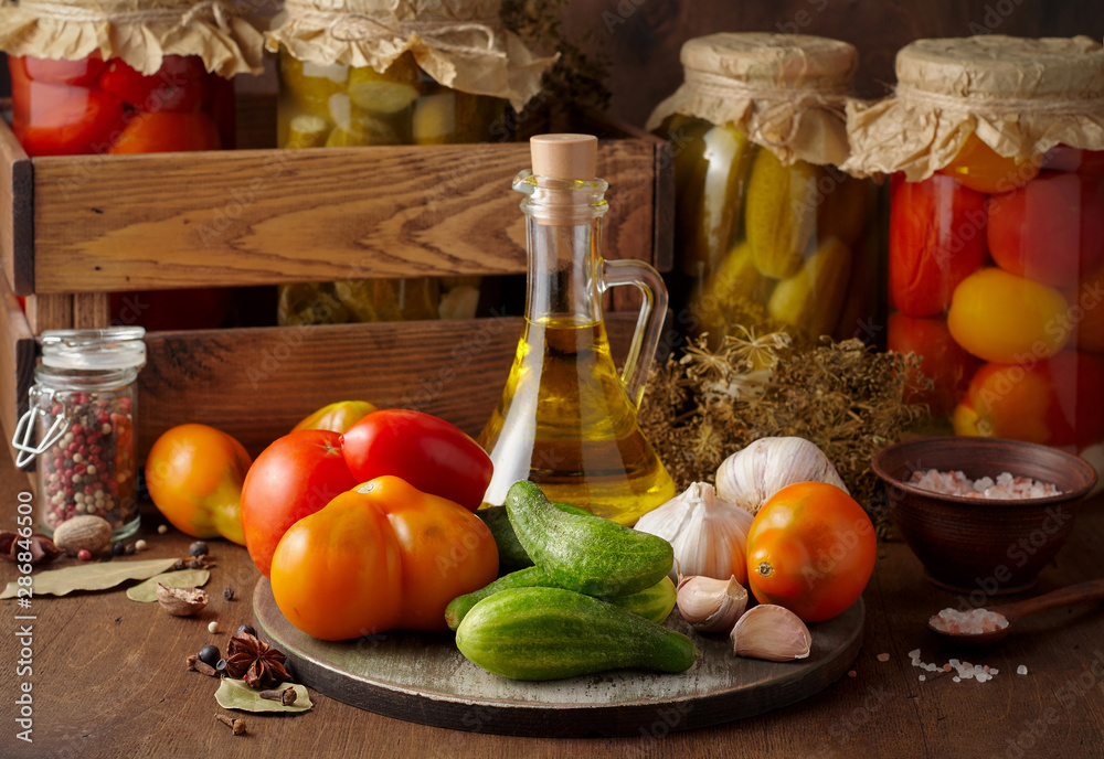 Basic ingredients for cooking homemade pickled tomato and cucumber