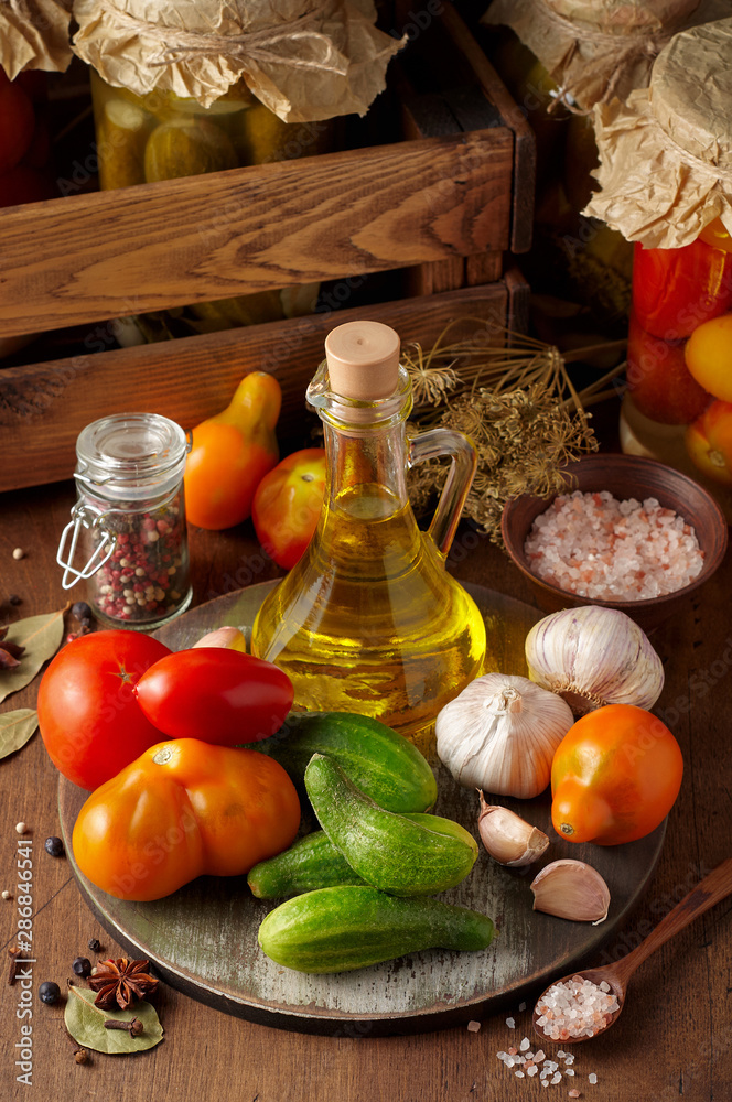 Basic ingredients for cooking homemade pickled tomato and cucumber