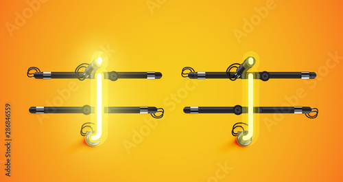Realistic glowing yellow neon charcter on and off