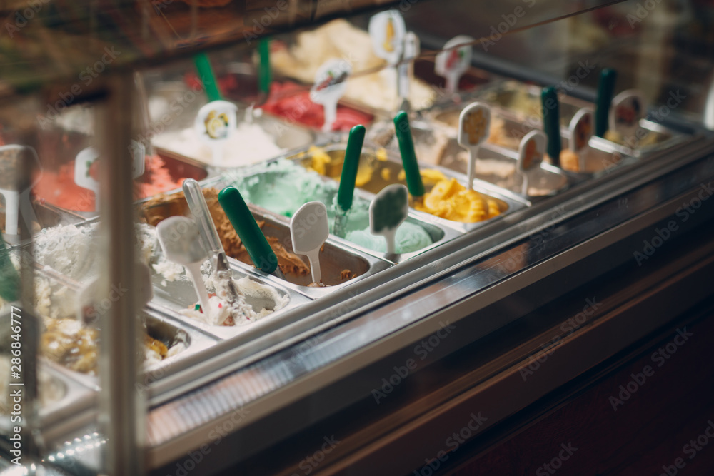 Different varieties of ice cream gelato in the store