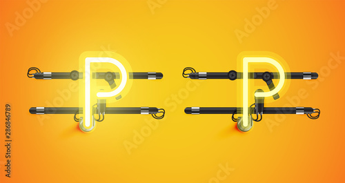 Realistic glowing yellow neon charcter on and off