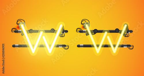 Realistic glowing yellow neon charcter on and off