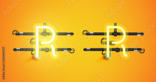 Realistic glowing yellow neon charcter on and off