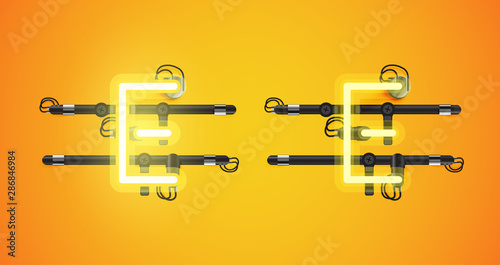 Realistic glowing yellow neon charcter on and off