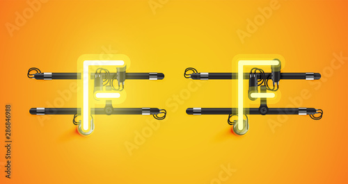 Realistic glowing yellow neon charcter on and off