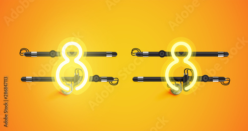 Realistic glowing yellow neon charcter on and off