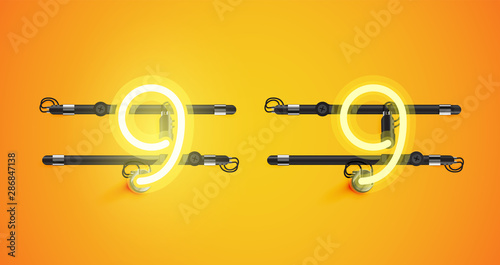 Realistic glowing yellow neon charcter on and off