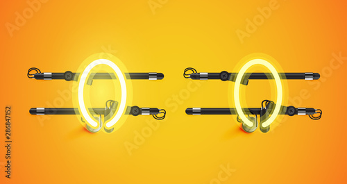Realistic glowing yellow neon charcter on and off