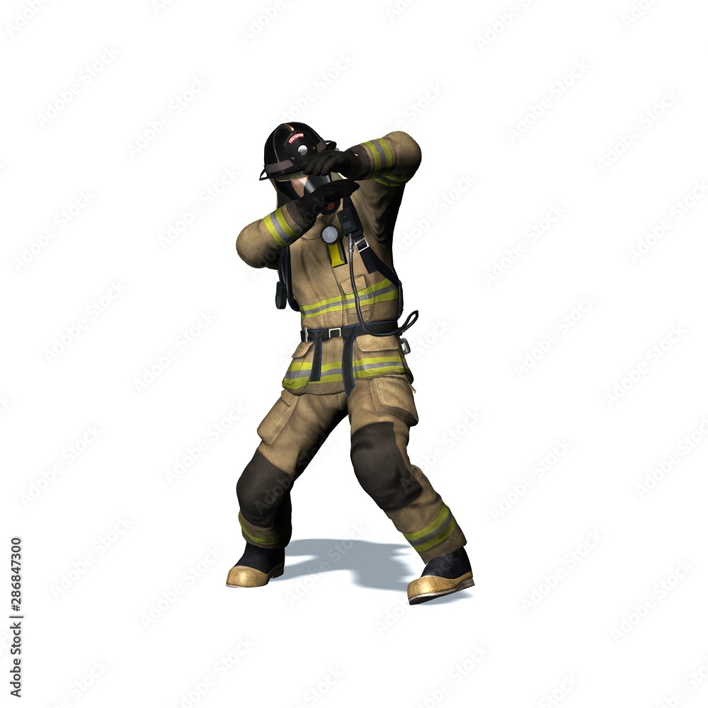 Fire fighter retreats from flame - isolated on white background - 3D illustration