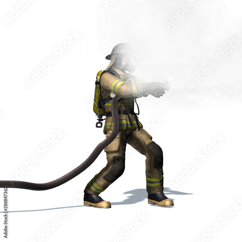 Fire fighter with water hose - isolated on white background - 3D illustration