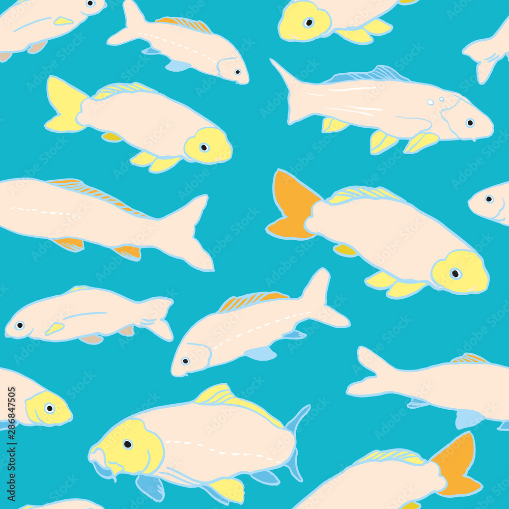 Wavy sealife goldfish koi seamless pattern. With carp fish in tones of pink and yellow. Modern, graphic, simple style. Perfect for restaurant menue, packaging design, aqua and sea lovers. Home decor Wavy sealife goldfish koi seamless pattern. With carp fish in tones of pink and yellow. Modern, graphic, simple style. Perfect for restaurant menue, packaging design, aqua and sea lovers. Home decor