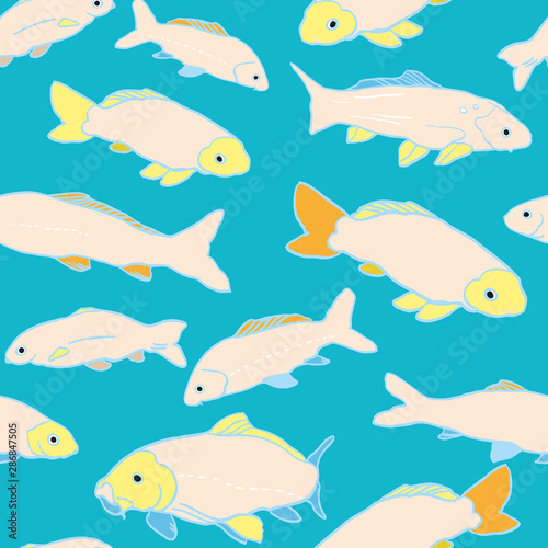 Wavy sealife goldfish koi seamless pattern. With carp fish in tones of pink and yellow. Modern, graphic, simple style. Perfect for restaurant menue, packaging design, aqua and sea lovers. Home decor