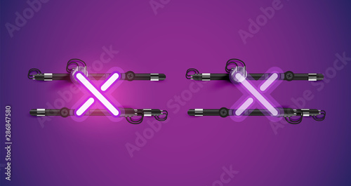 Realistic glowing purple neon charcter on and off