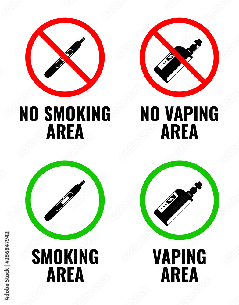 No vaping, no smoking, vaping is allowed and smoking is allowed signs. No vaping, no smoking, vaping is allowed and smoking is allowed signs.