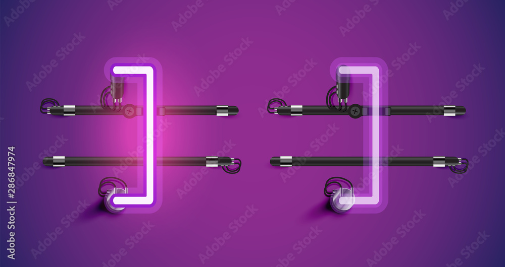 Realistic glowing purple neon charcter on and off