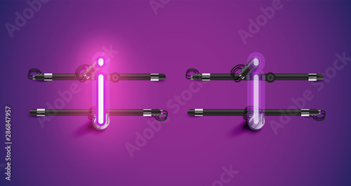Realistic glowing purple neon charcter on and off