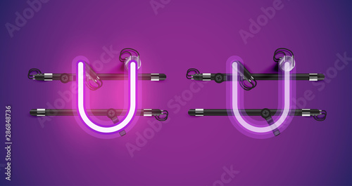 Realistic glowing purple neon charcter on and off