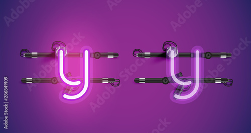 Realistic glowing purple neon charcter on and off