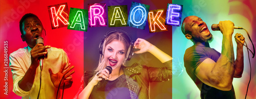 Photography African-american and caucasian jazz musicians singing a song on gradient colorful background