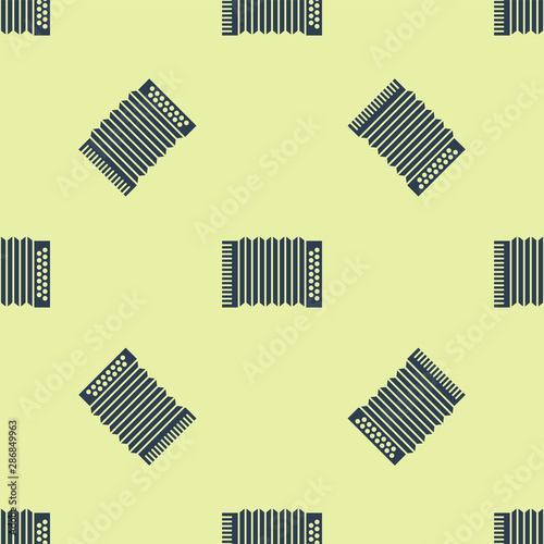 Blue Musical instrument accordion icon isolated seamless pattern on yellow background. Classical bayan, harmonic. Vector Illustration