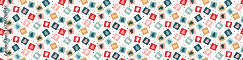 Hand drawn stylized border with Christmas tree . Horizontal seamless edging  pattern. Fir confetti traditional winter holiday ribbon trim . Vector  banner washi tape.