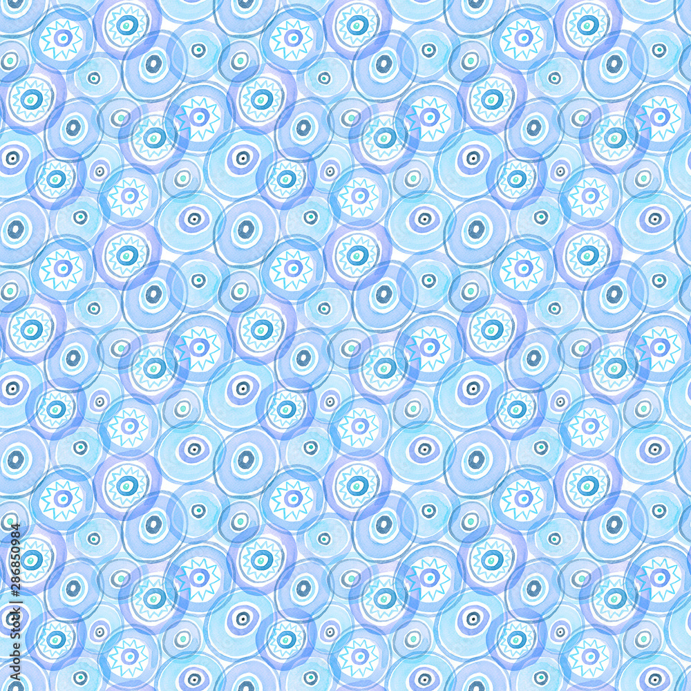 Blue Transparent Circles Abstract Seamless Pattern. Raster.
