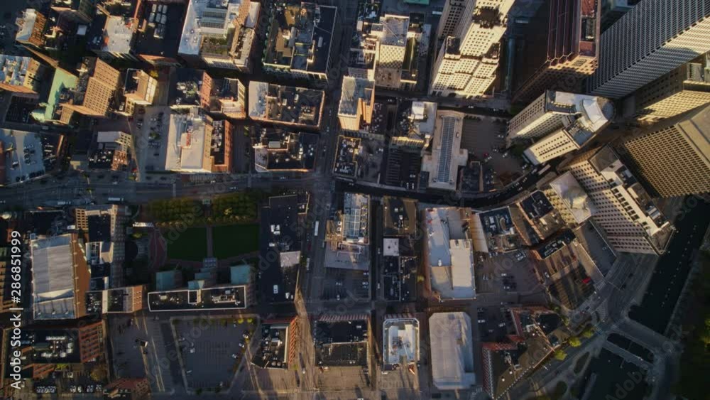 Providence Rhode Island Aerial v34 Sunrise vertical downtown cityscape view from near Kennedy Plaza heading southeast toward construction area near river - October 2017 Providence Rhode Island Aerial v34 Sunrise vertical downtown cityscape view from near Kennedy Plaza heading southeast toward construction area near river - October 2017