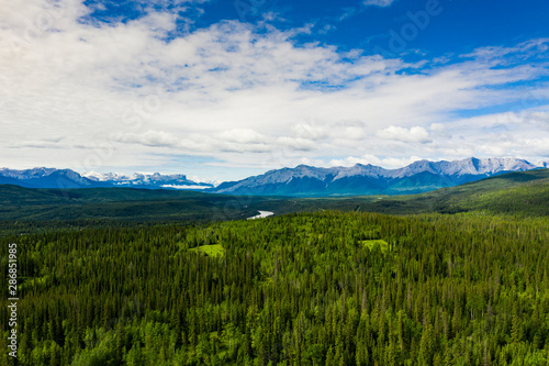 Aerial view of landscape leading into Jasper National Park in Alberta, Canada