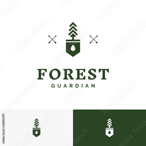 a tree that stands on a shield with water drop inside the shield in negative space. It's a vintage emblem logo. Suitable for outdoor adventure, forest/jungle adventure, camping or forest guardian logo