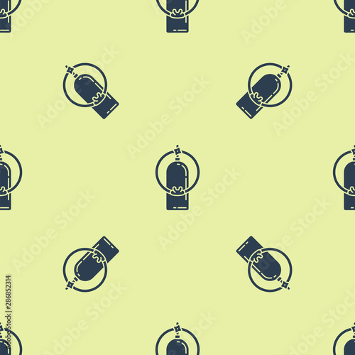 Blue Aqualung icon isolated seamless pattern on yellow background. Oxygen tank for diver. Diving equipment. Extreme sport. Sport equipment. Vector Illustration