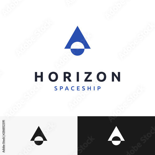 a simple space ship logo that through the horizon and fly over the space. Futuristic logo, very suitable for technology, science or galaxy logo