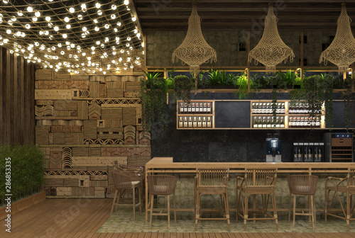 Interior design of a cafe or restaurant ethnic retro style with a bar counter and decorations of luminous garlands and wicker furniture. 3D rendering.