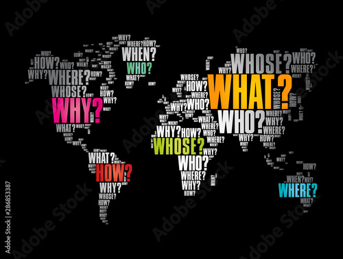 Question Words in shape of World Map, word cloud business concept background