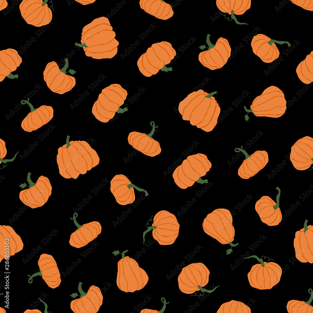 Cartoon halloween pumpkin seamless background. Different shapes and sizes orange gourd isolated on black background. Hand drawn various pumpkins illustration. Cartoon halloween pumpkin seamless background. Different shapes and sizes orange gourd isolated on black background. Hand drawn various pumpkins illustration.