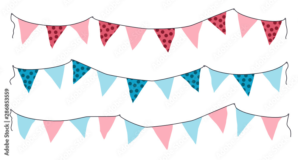 Cartoon birthday pennant banner and flags set. Different shapes orange  pennant banner string isolated on white background. Colourful garland for  the baby shower. Vector illustration. Stock Vector