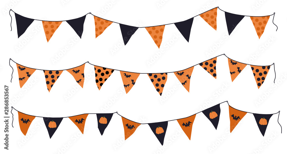 Cartoon halloween pennant banner and flags set. Different shapes orange  pennant banner string isolated on white background. Colourful garland for  the Halloween. Vector illustration. Stock Vector