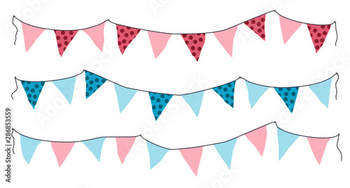 Cartoon birthday pennant banner and flags set. Different shapes orange pennant banner string isolated on white background. Colourful garland for the baby shower. Vector illustration.