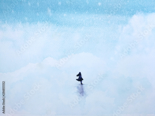 watercolor landscape the woman girl standing in the sea blue sky. 