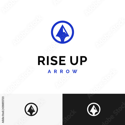 Rise up logo. This is an unique mountain logo that looks like arrow inside a circle. Suitable for business company like finance, marketing, consulting, motivation or business that wants rise up