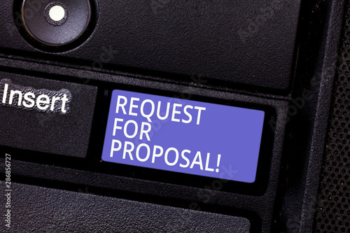 Writing note showing Request For Proposal. Business photo showcasing document that solicits proposal made through a bidding Keyboard key Intention to create computer message pressing keypad idea