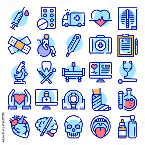 Healthcare system color linear icons set. Vector illustration