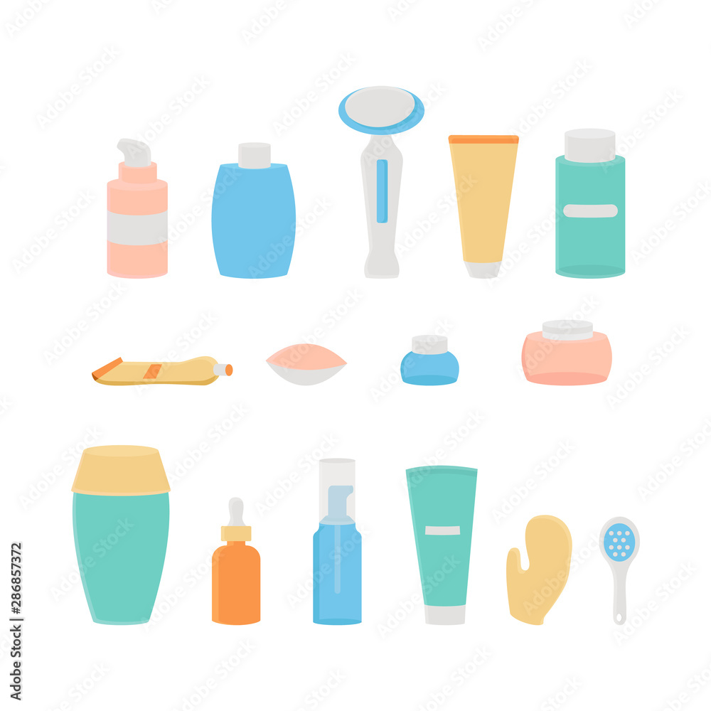 Flat vector cosmetics products collection. Body and face care products. Flat vector cosmetics products collection. Body and face care products.