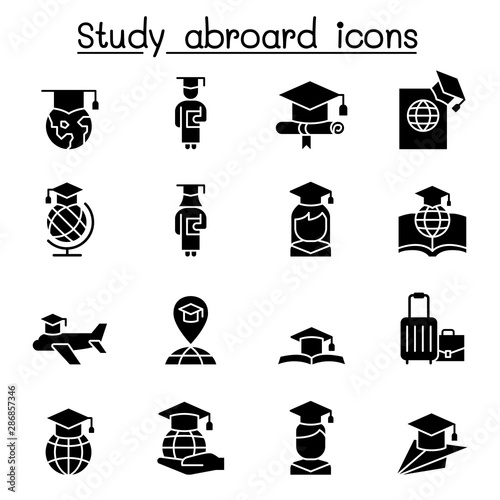 Study abroad & Graduation icon set